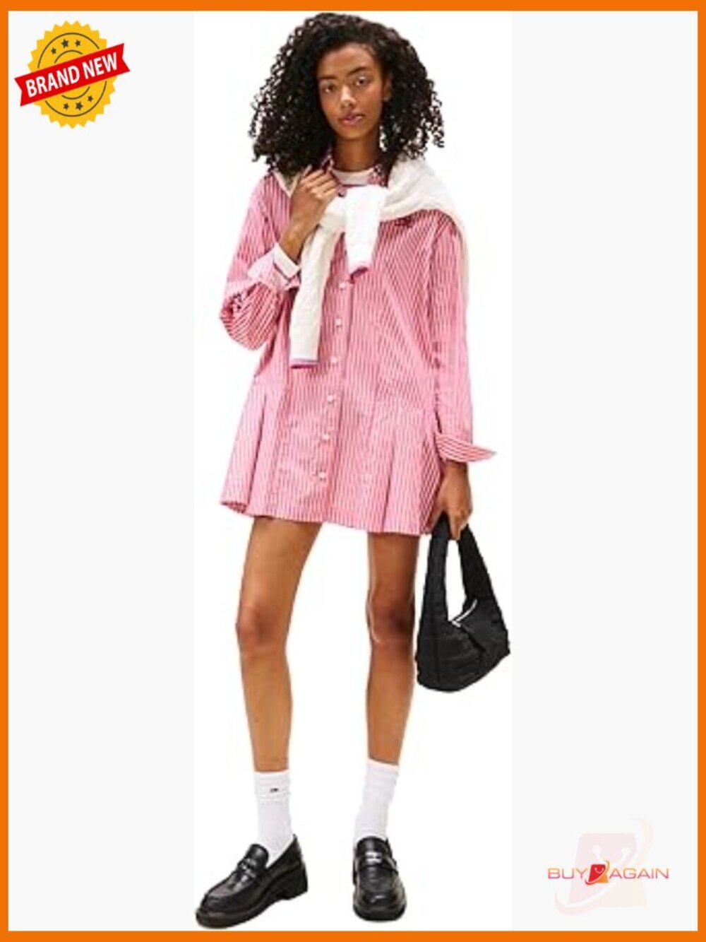 Striped Shift Dress with Embroidered Logo, Long Sleeve Button Down, Cotton,